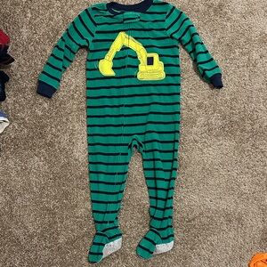 Carter's Green and Navy Striped Footie with Yellow Excavator